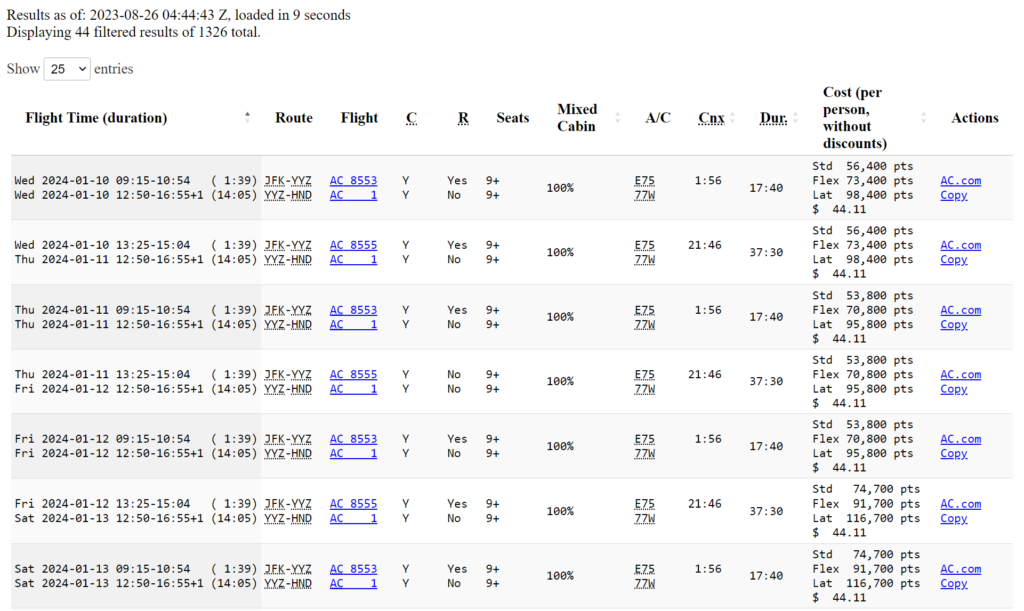 Search result, Cowtool search engine for reward ticket at Air Canada, Aeroplan 