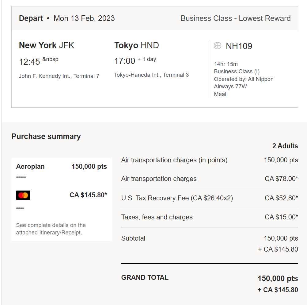 Redeem reward ticket at Air Canada via Aeroplan, for ANA ticket, JFK to HND 