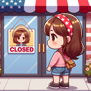 A brown-haired cartoon girl, looking confused and slightly sad, stands in front of a store she had planned to visit. The store is unexpectedly closed during its regular hours just before the holiday.