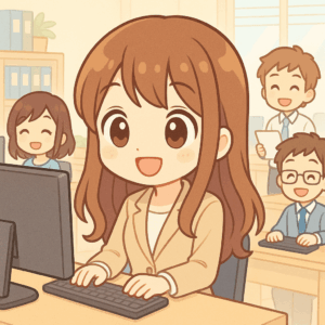 The picture shows a cute, Japanese anime-style girl sitting at an office desk, working on a computer. She has chestnut brown hair and big, shiny brown eyes, and is wearing a beige office suit with a white top underneath, looking cheerful and focused. Around her, three happy colleagues are also working — one woman with short brown hair and two men in office attire, smiling warmly. The office environment is bright and friendly, with light pastel tones, bookshelves, potted plants, and large windows letting in sunlight, creating a cozy and positive atmosphere