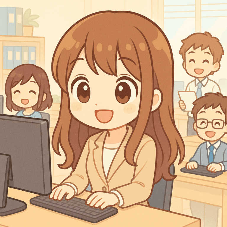The picture shows a cute, Japanese anime-style girl sitting at an office desk, working on a computer. She has chestnut brown hair and big, shiny brown eyes, and is wearing a beige office suit with a white top underneath, looking cheerful and focused. Around her, three happy colleagues are also working — one woman with short brown hair and two men in office attire, smiling warmly. The office environment is bright and friendly, with light pastel tones, bookshelves, potted plants, and large windows letting in sunlight, creating a cozy and positive atmosphere